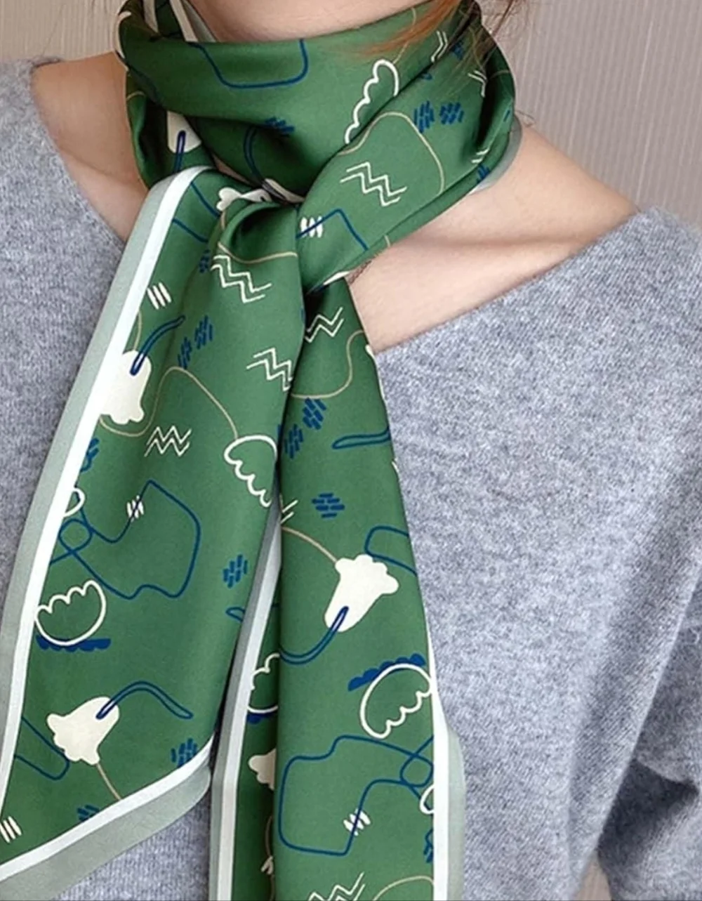 NWT Sage Green Silky Satin Skinny Scarf Abstract Floral Twilly 60